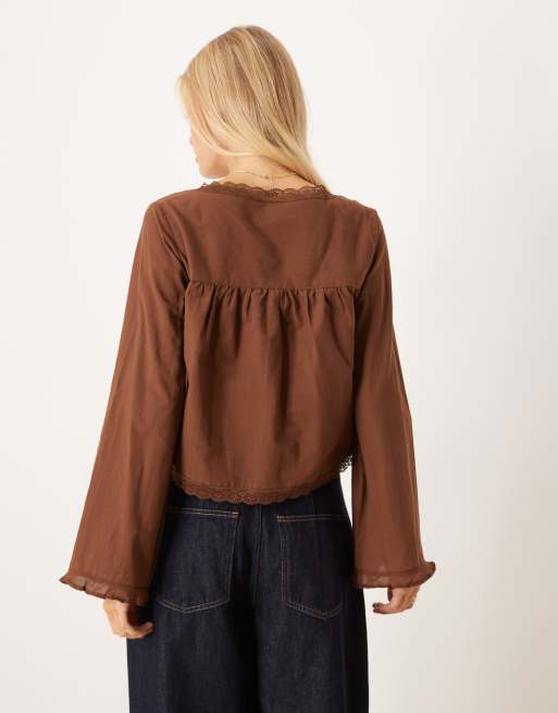 ASOS DESIGN lace trim babydoll blouse in chocolate, 3 of 4