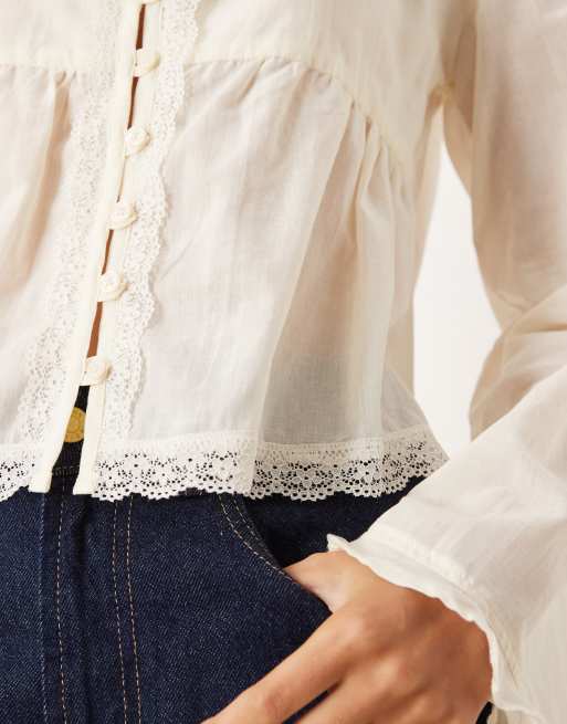 ASOS DESIGN lace trim babydoll blouse in ecru