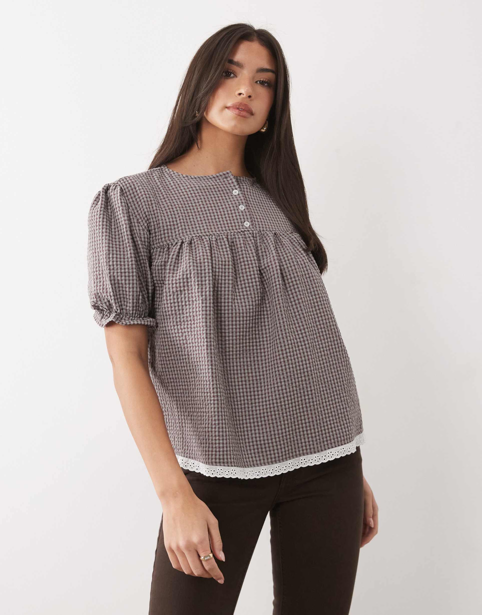 asos design lace trim babydoll puff sleeve blouse in blue and brown gingham