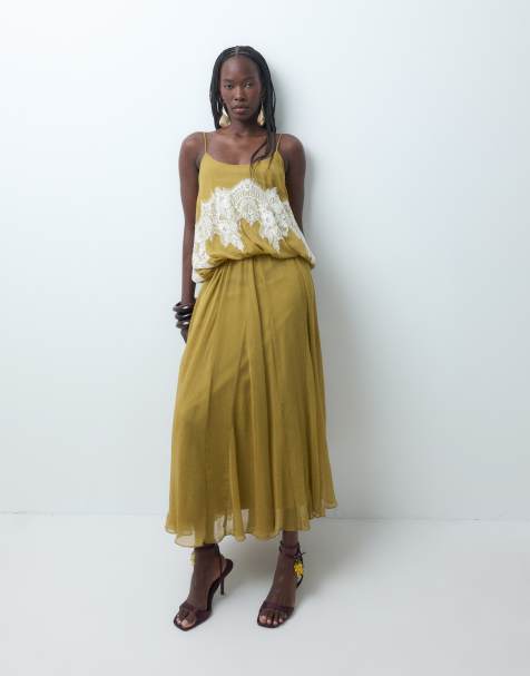 ASOS DESIGN lace trim blouson bodice maxi dress with full skirt in golden olive - view 1