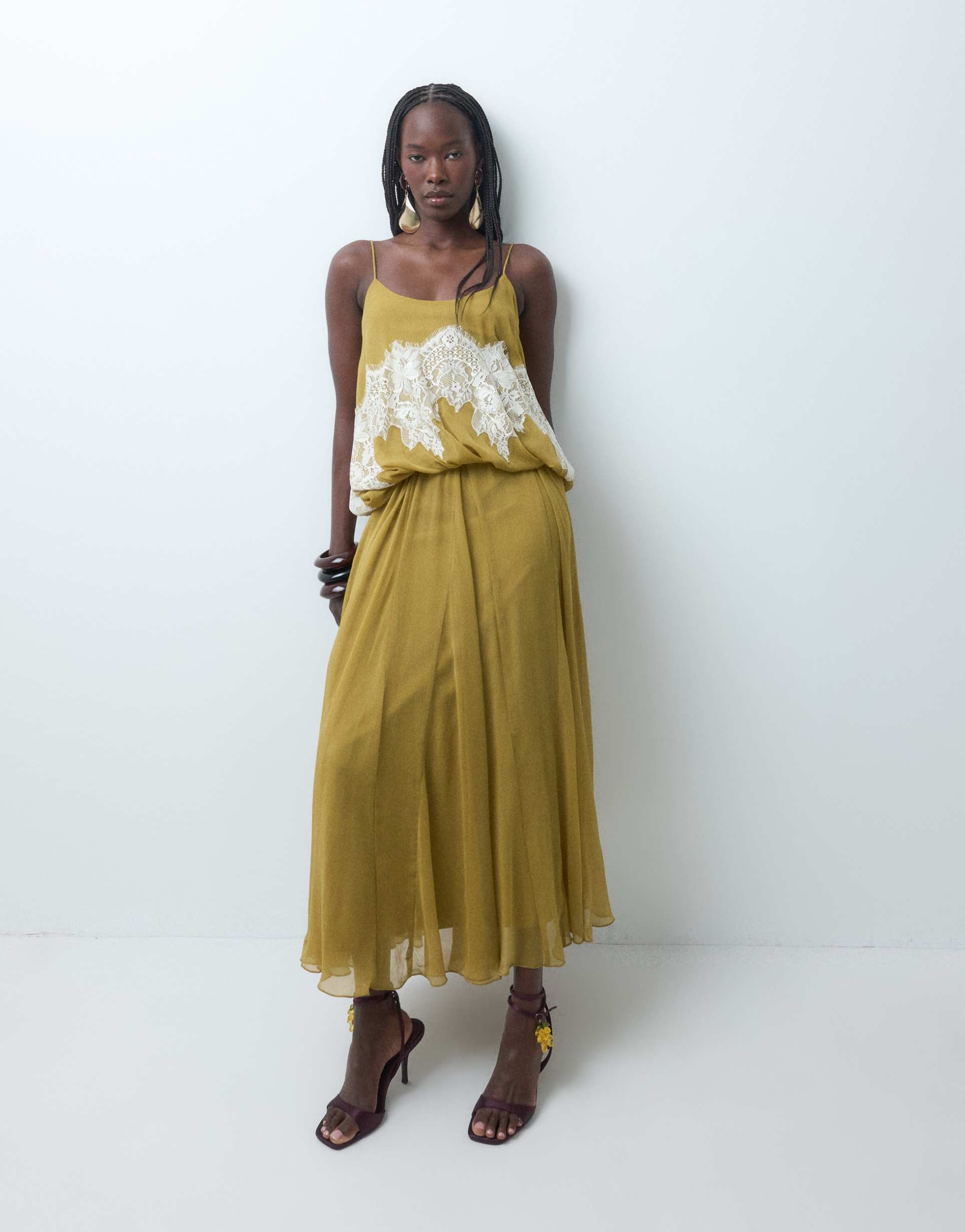 asos design lace trim blouson bodice midaxi dress with full skirt in golden olive