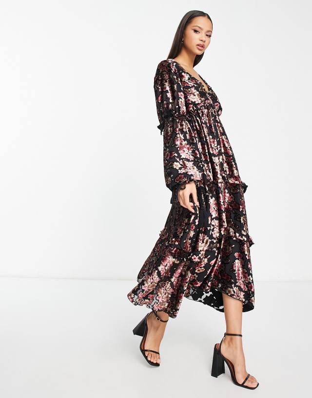 ASOS DESIGN lace trim burnout devore midi dress with long sleeves in floral