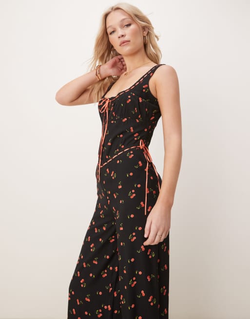 ASOS DESIGN lace trim button through wide leg spun jumpsuit in black cherry print