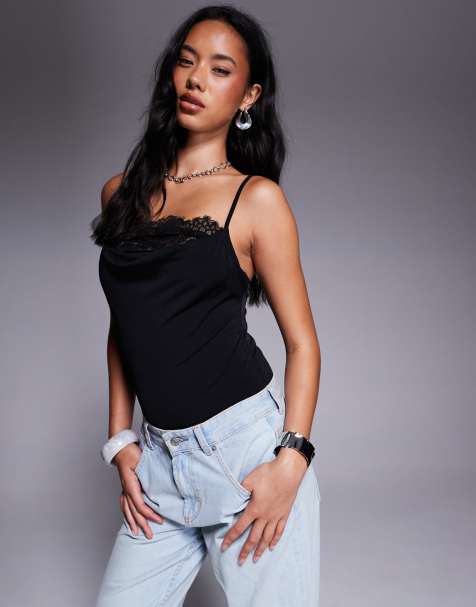 ASOS DESIGN lace trim cami bodysuit in black - view 1
