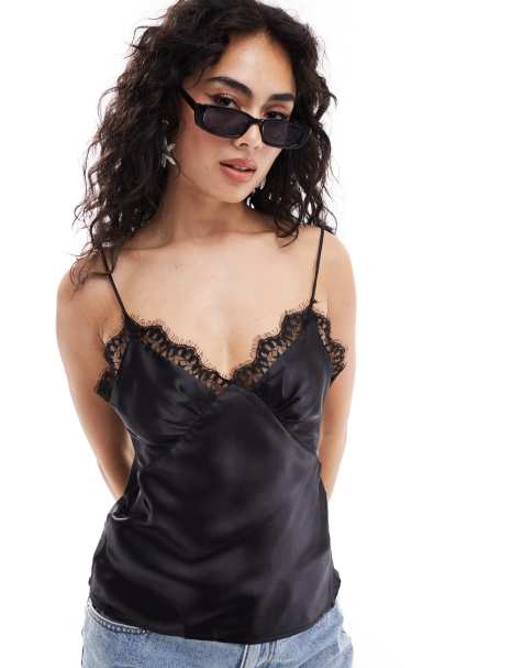 Mango diamante trim cami in black