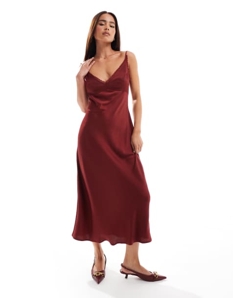 ASOS DESIGN lace trim cami midi slip dress in burnt red - view 1