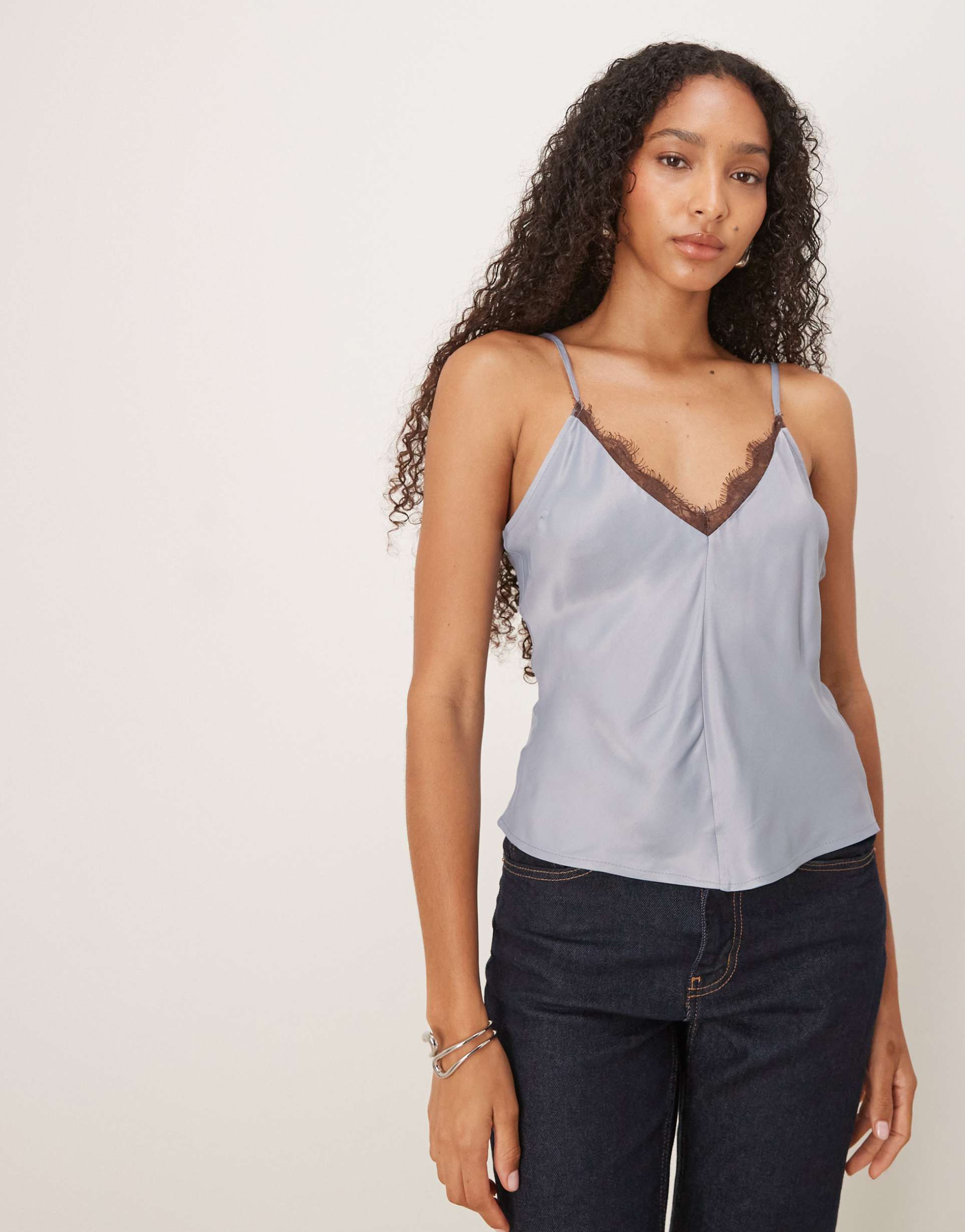 asos design lace trim cami top in blue