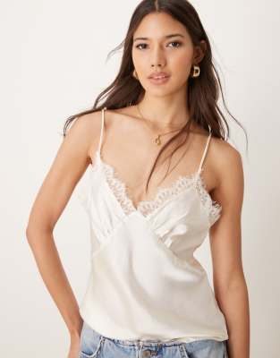 Asos Design Lace Trim Cami Top In Ivory-white