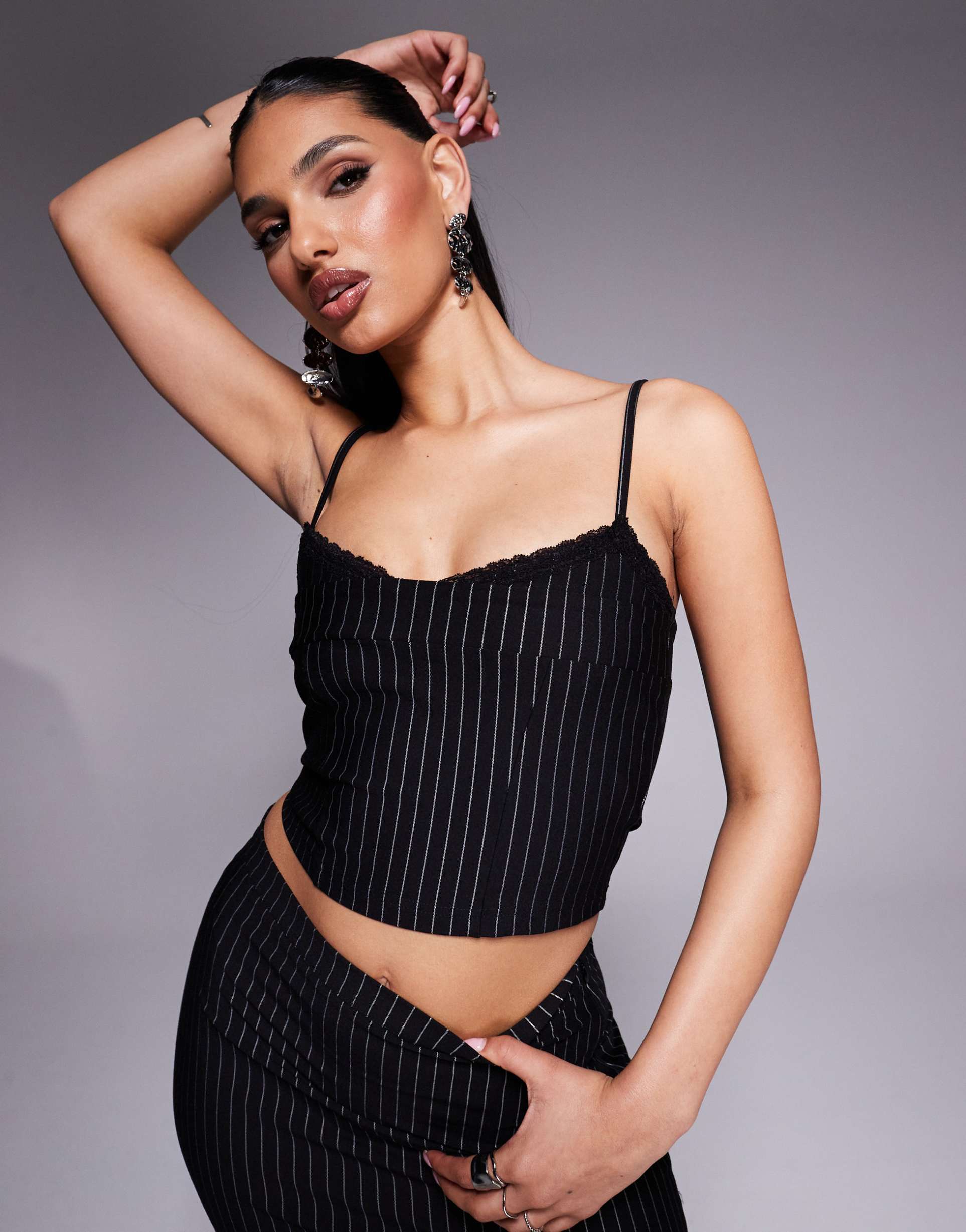 asos design lace trim cami top in pinstripe - part of a set