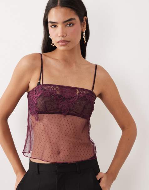 ASOS DESIGN lace trim cami top with textured mesh in purple - view 1