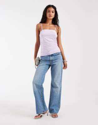 Asos Design Lace Trim Cami With Ruched Waist In Purple