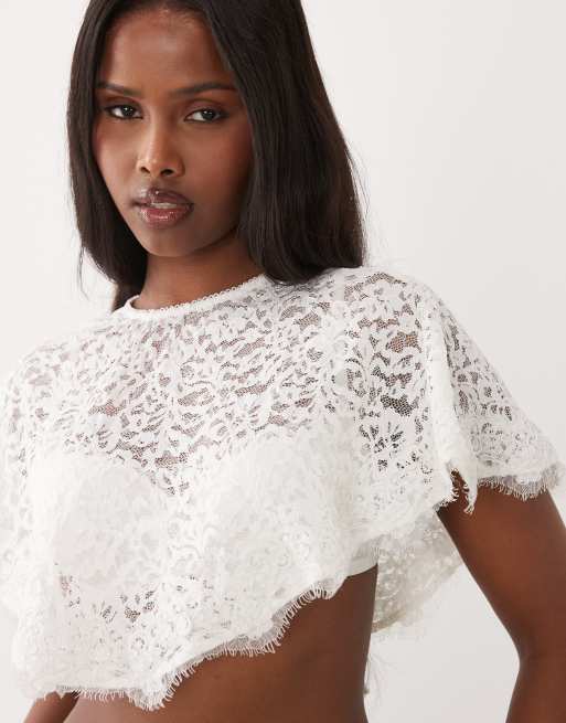 ASOS DESIGN lace trim cape top in white, 3 of 4