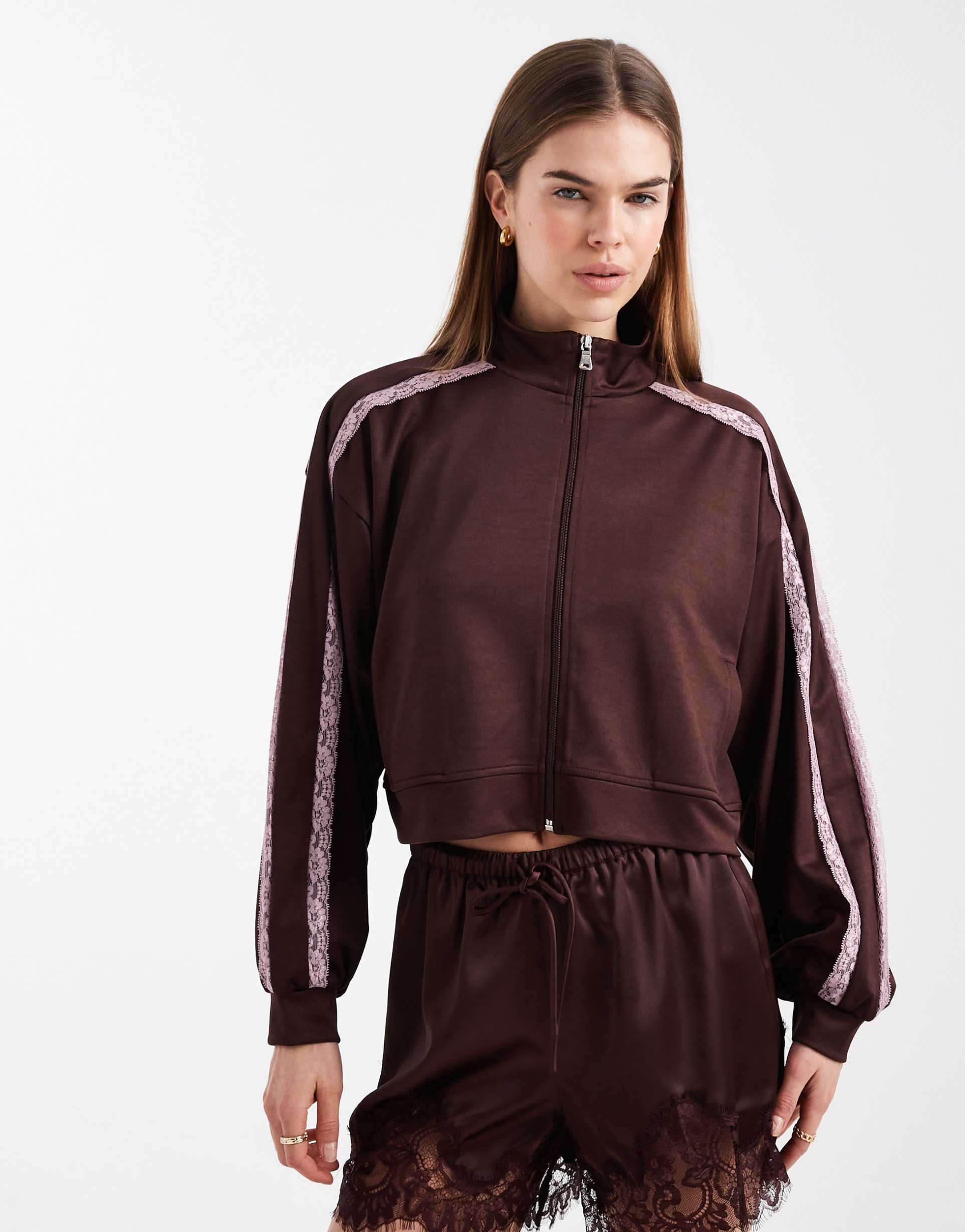 asos design lace trim detail funnel neck tricot track jacket in chocolate