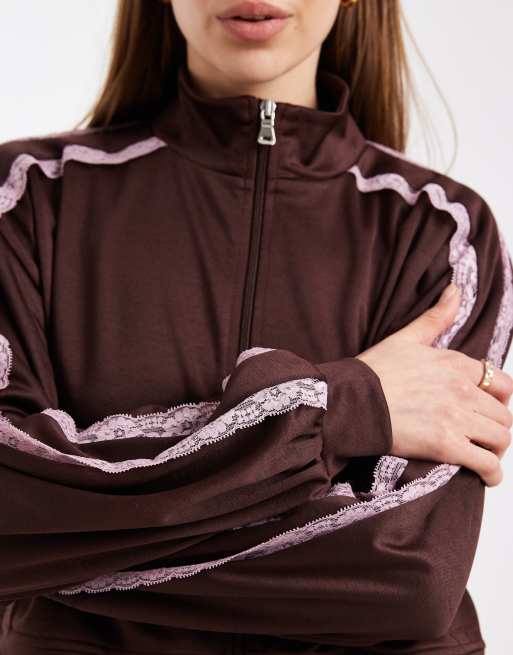 ASOS DESIGN lace trim detail funnel neck tricot track jacket in chocolate, 2 of 4