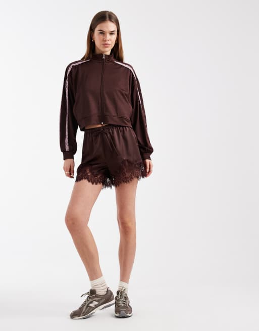ASOS DESIGN lace trim detail funnel neck tricot track jacket in chocolate, 3 of 4
