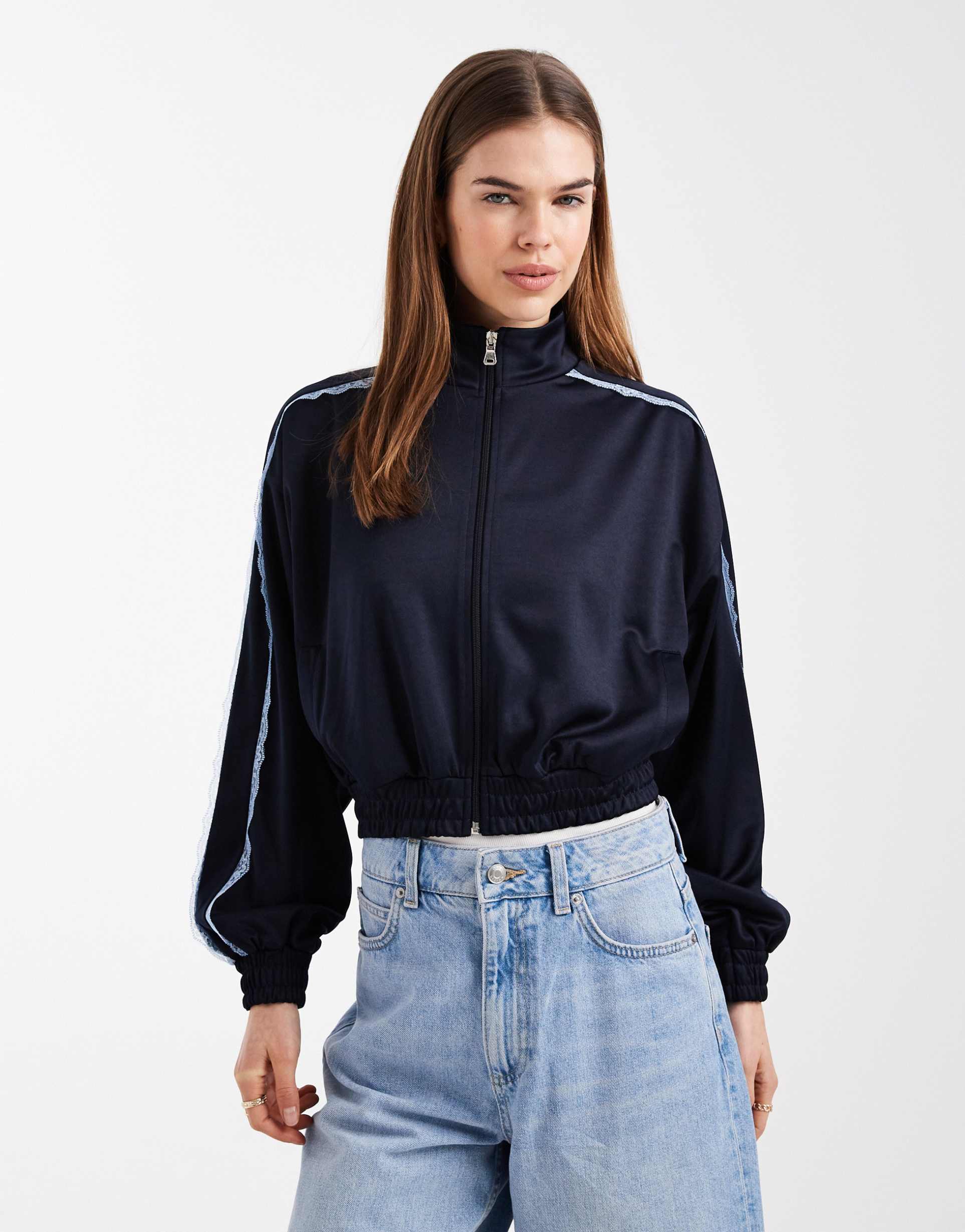 asos design lace trim detail funnel neck tricot track jacket in navy