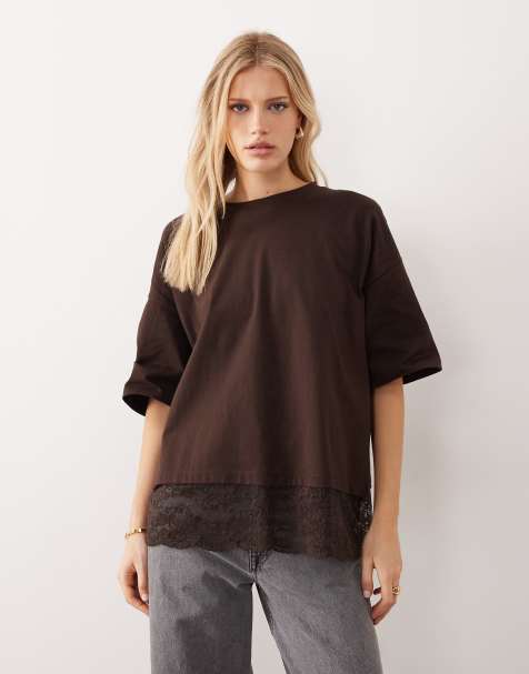 ASOS DESIGN lace trim detail oversized tee in chocolate brown