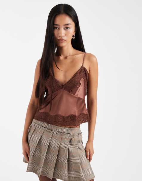 ASOS DESIGN lace trim detail satin cami in chocolate - view 1
