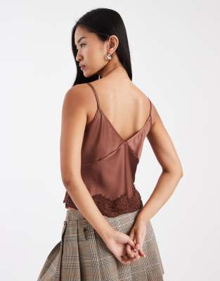 Asos Design Lace Trim Detail Satin Cami In Brown
