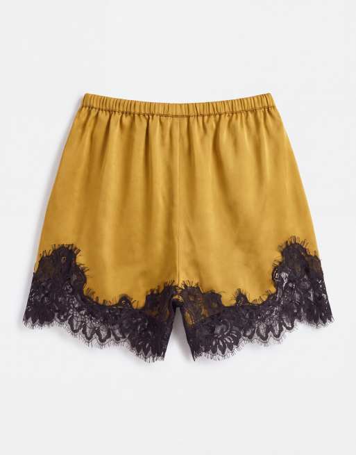 ASOS DESIGN lace trim drawstring waist satin shorts in ocher, 7 of 9