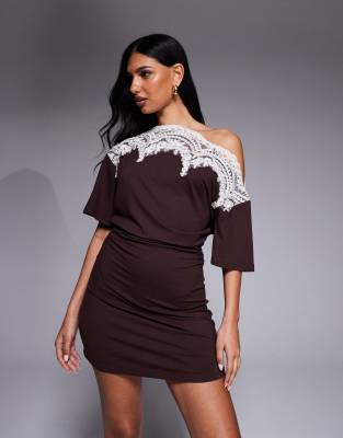 Asos Design Lace Trim Fallen Shoulder Short Sleeve With Ruching Mini Dress In Brown