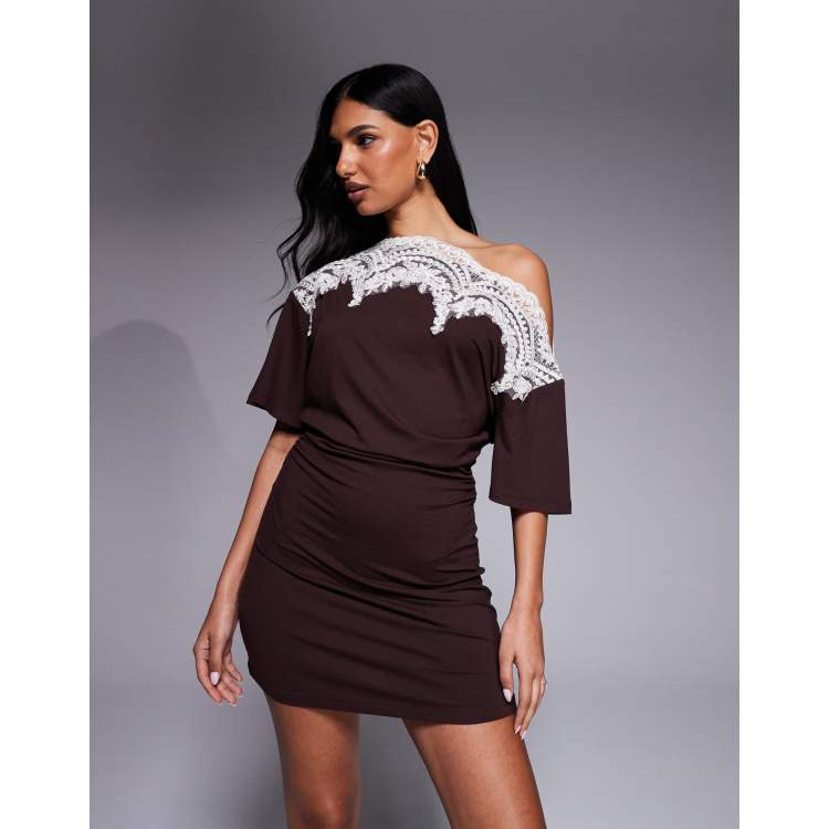 ASOS Design lace trim fallen shoulder short sleeve with ruching mini dress in brown