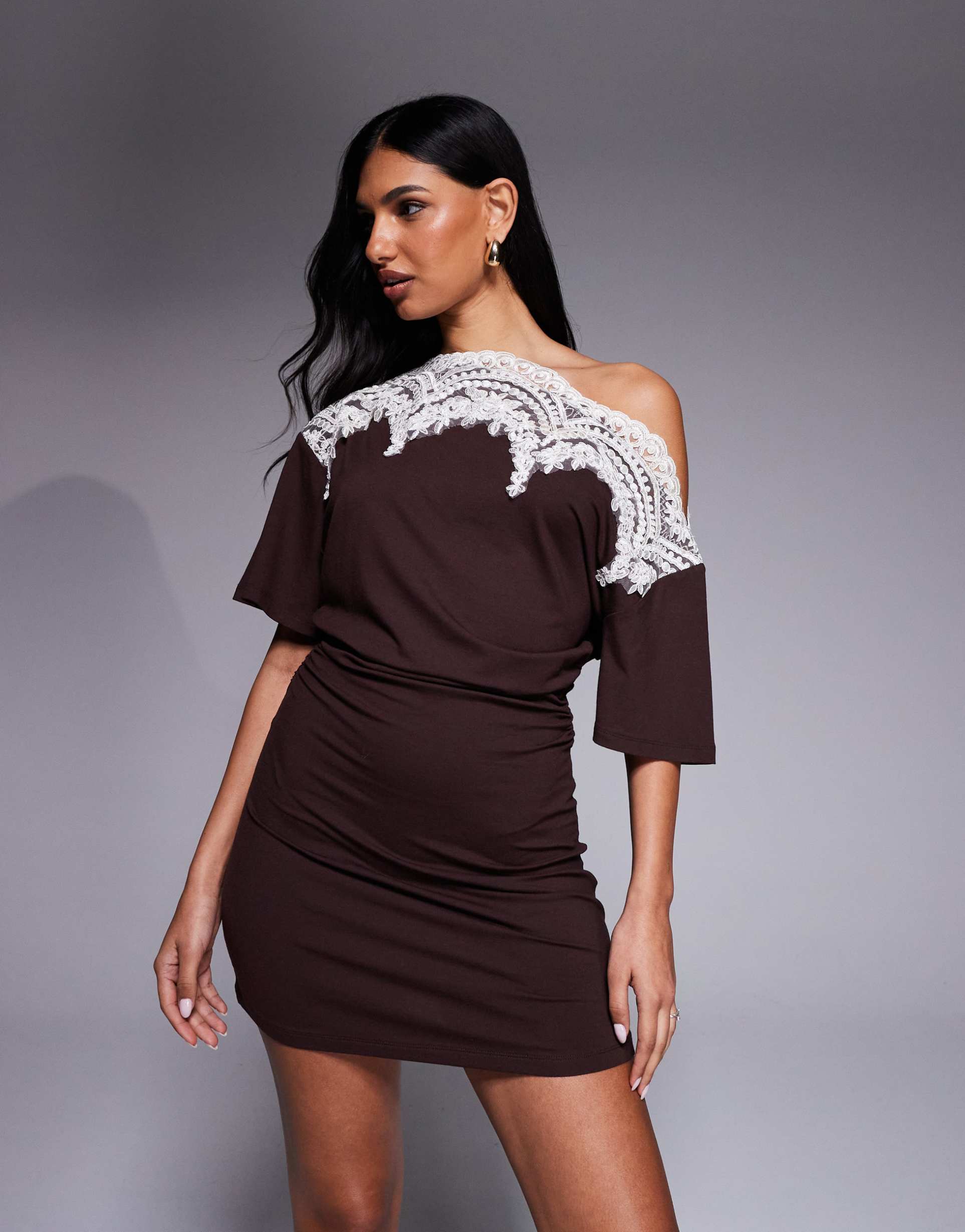 asos design lace trim fallen shoulder short sleeve with ruching mini dress in brown