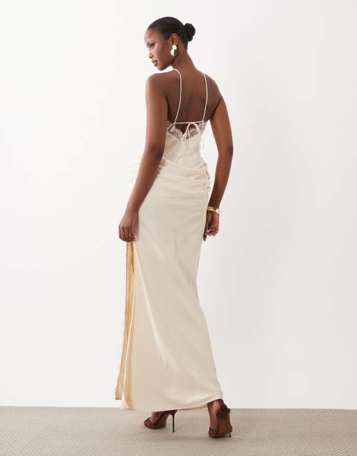 ASOS DESIGN lace trim halter neck midaxi dress with drape front in ivory, 4 of 4