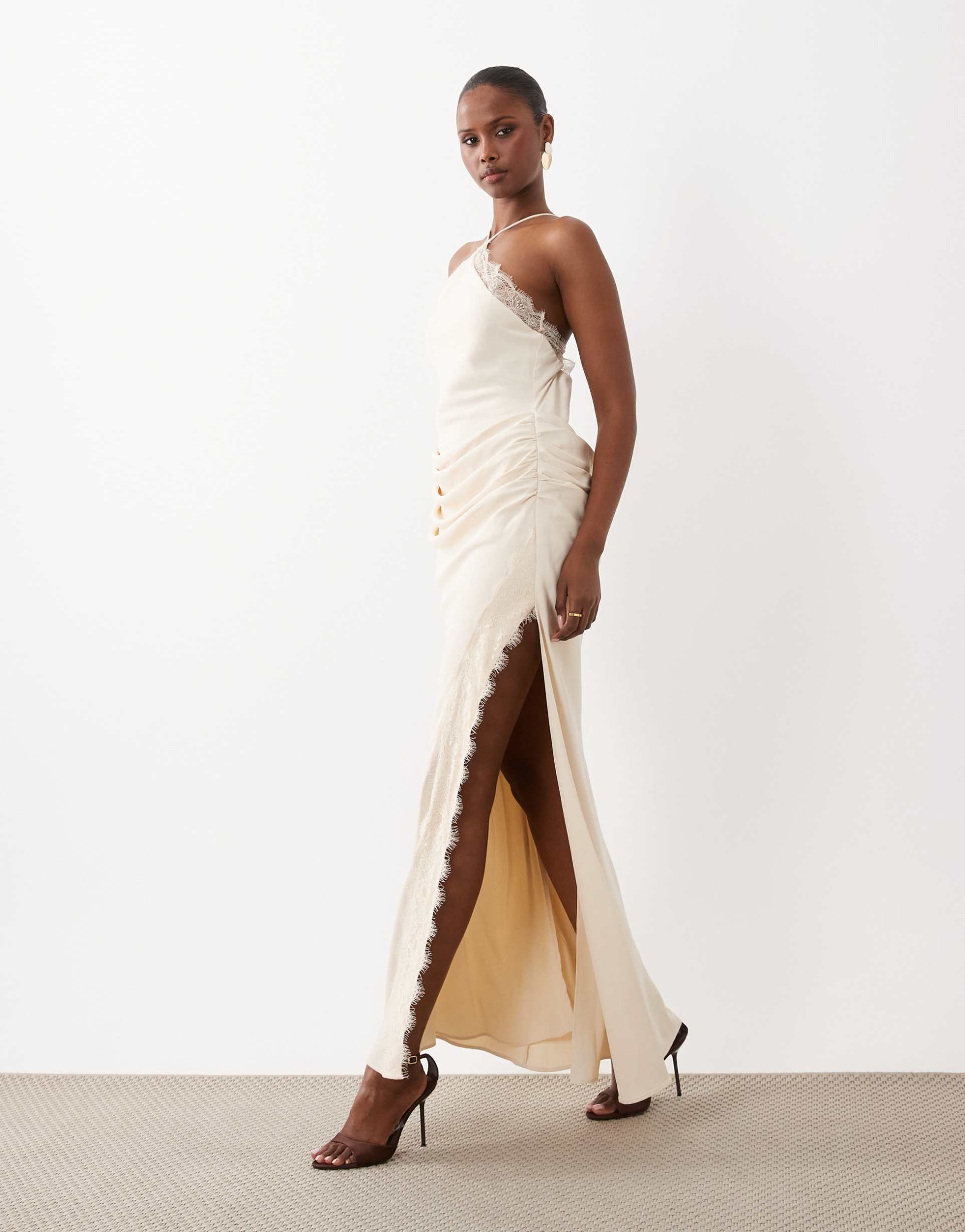 asos design lace trim halter neck midaxi dress with draped front in ivory
