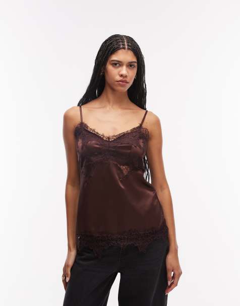 ASOS DESIGN lace trim long line satin cami top in brown