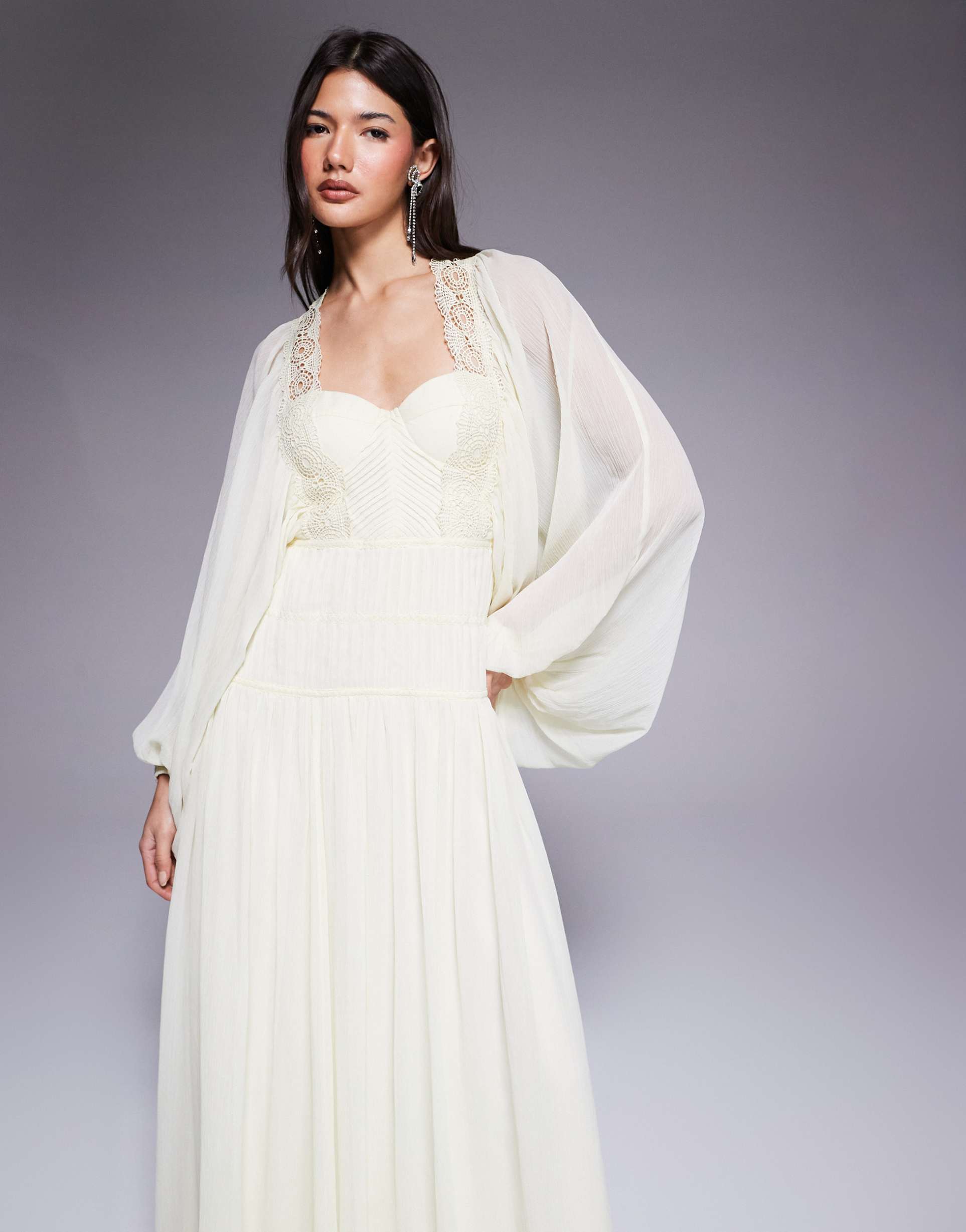 asos design lace trim long sleeve corset detail maxi dress in yellow