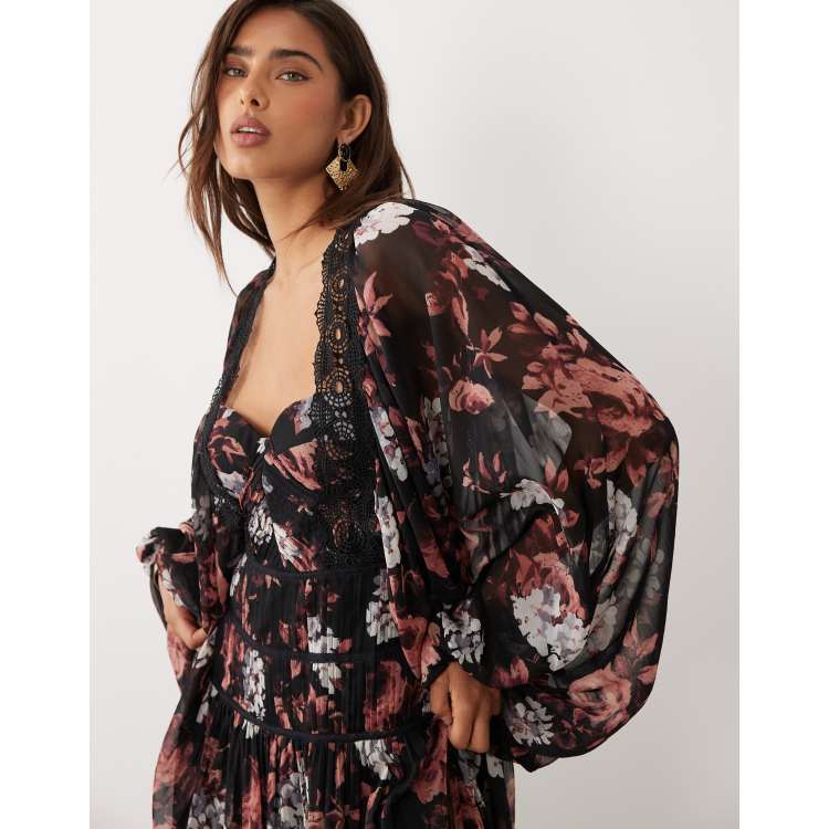 ASOS DESIGN lace trim long sleeve corset detailing maxi dress in brown  floral print | ASOS