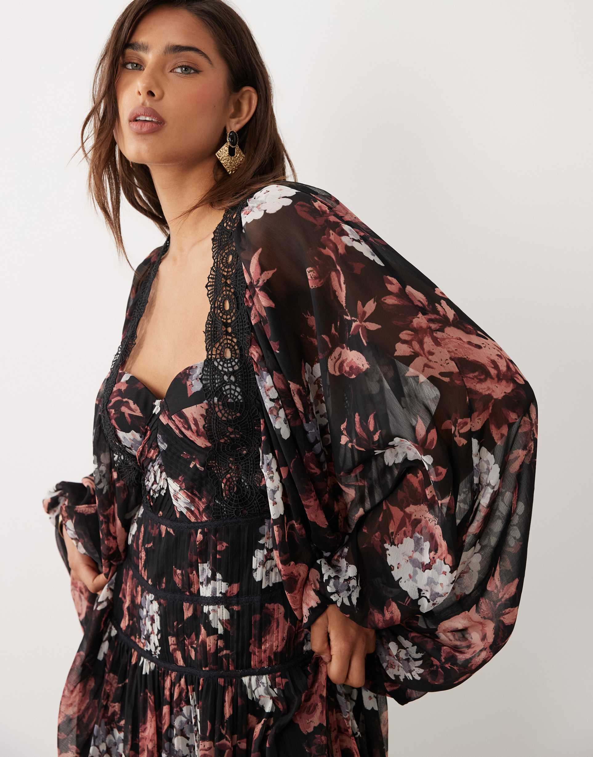 asos design lace trim long sleeve corset detailing maxi dress in brown floral print