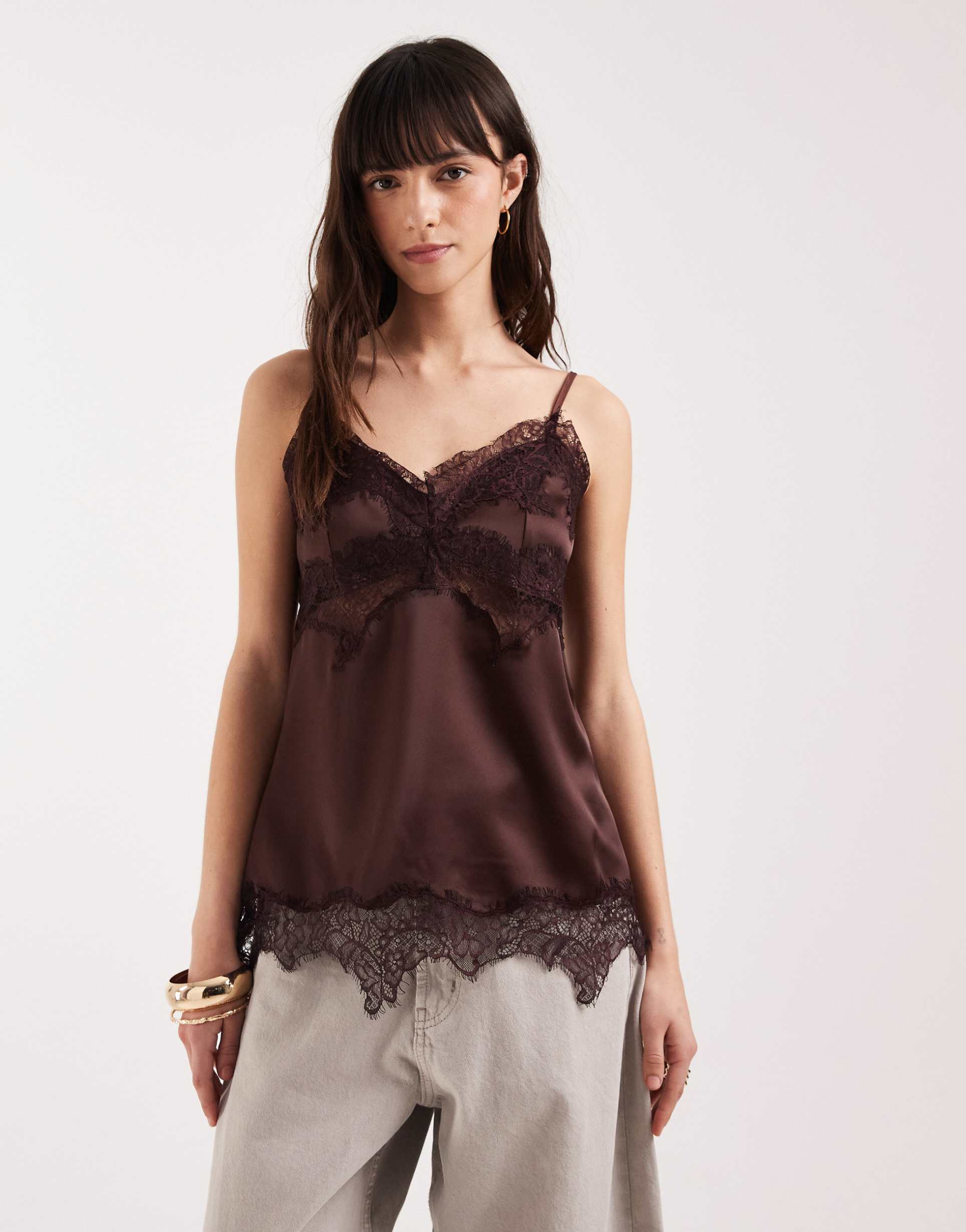 asos design lace trim longline satin cami top in brown