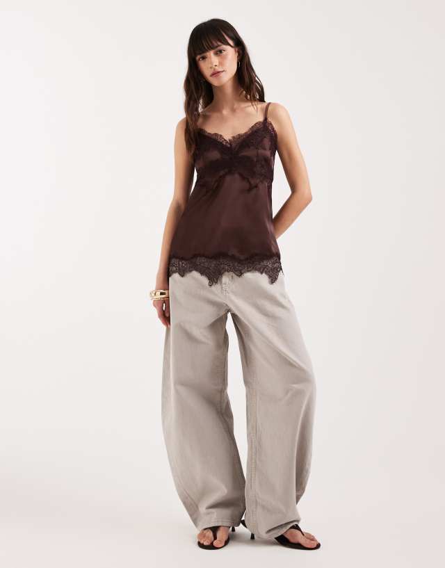 ASOS DESIGN lace trim longline satin cami top in brown | ASOS
