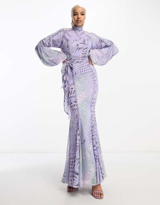 ASOS DESIGN lace trim maxi dress with belt in lilac and green animal print