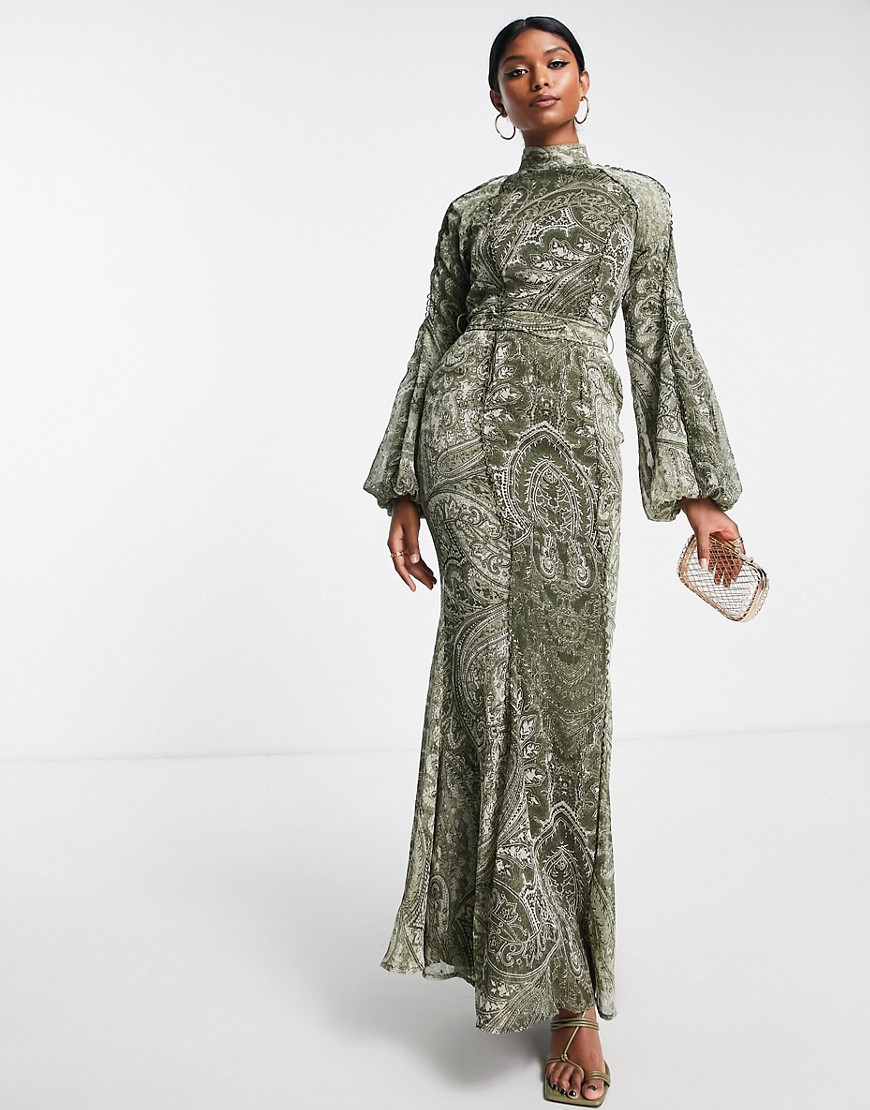 ASOS DESIGN lace trim maxi dress with belt in mixed paisley-Green