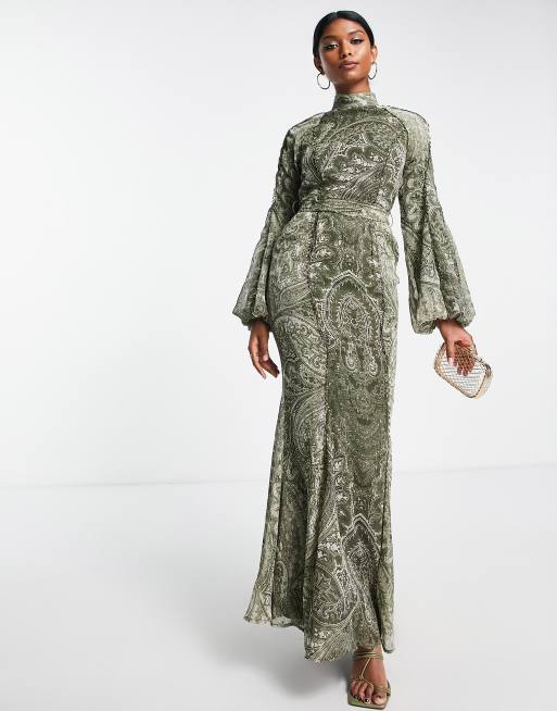 ASOS DESIGN lace trim maxi dress with belt in mixed paisley