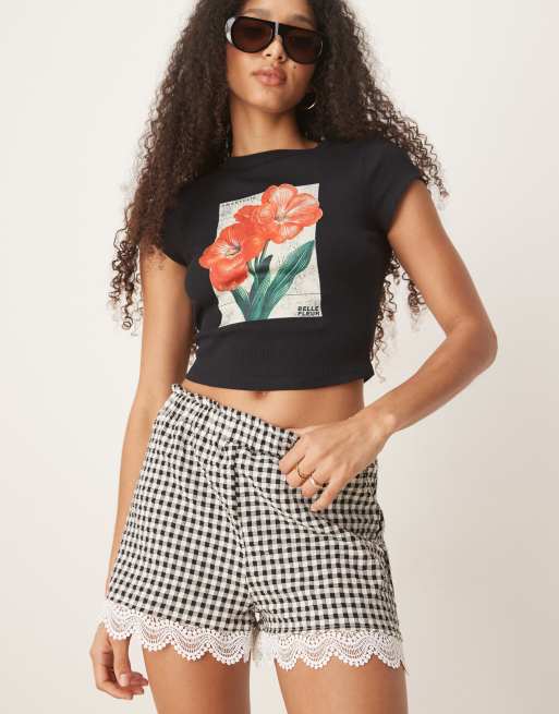 ASOS DESIGN lace trim micro shorts in gingham, 3 of 5