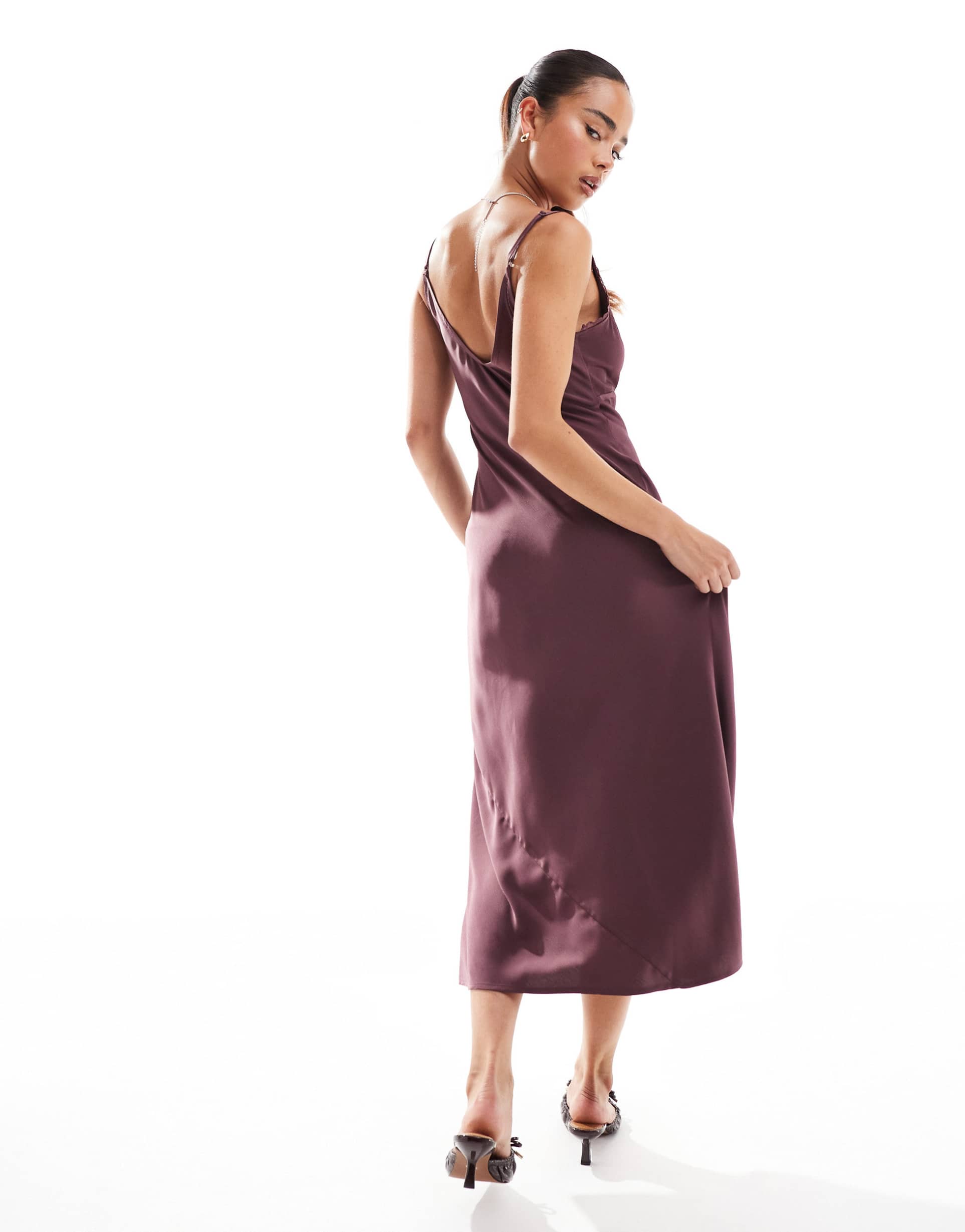asos design lace trim midi cami slip dress in burgundy