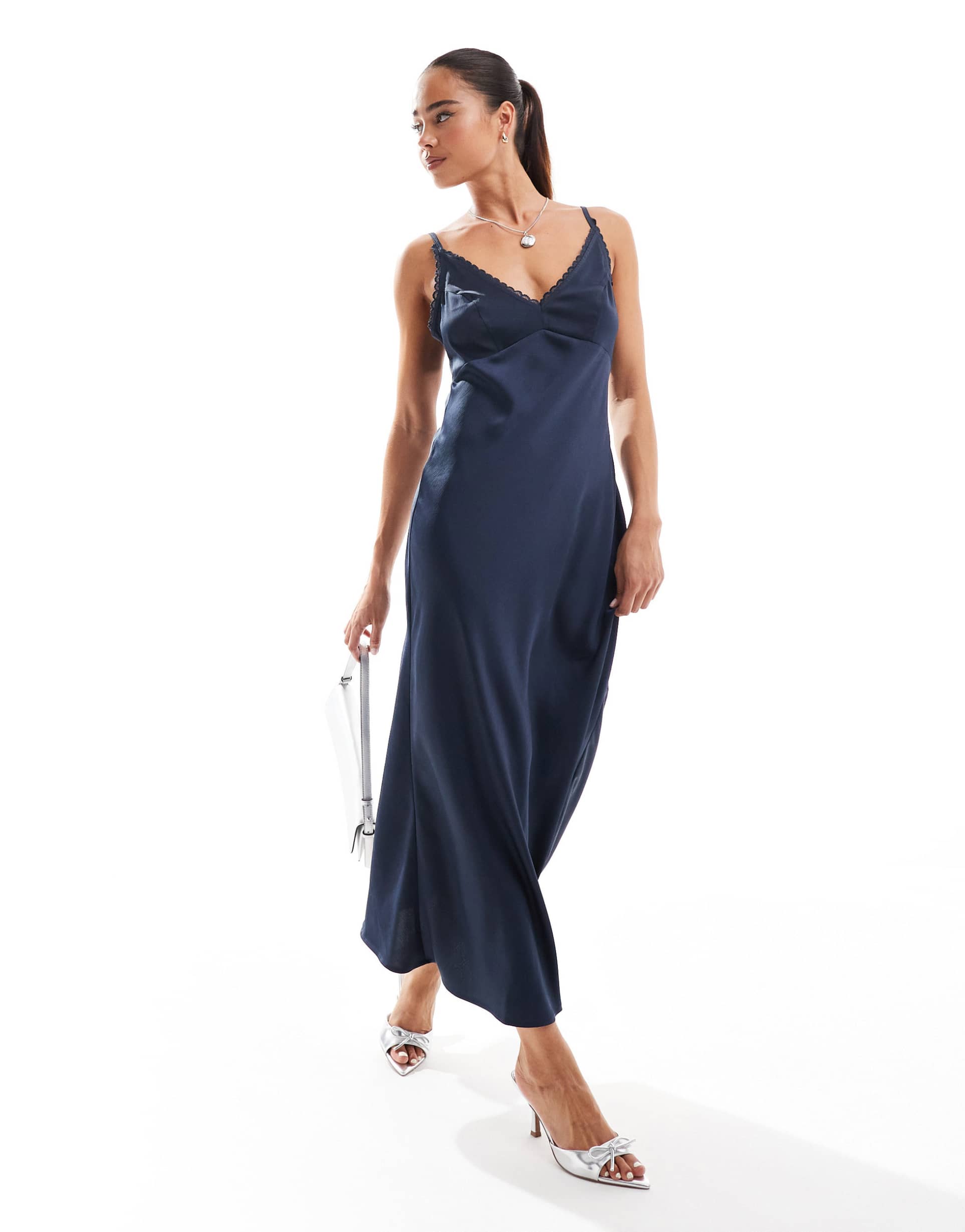 asos design lace trim midi cami slip dress in steel blue