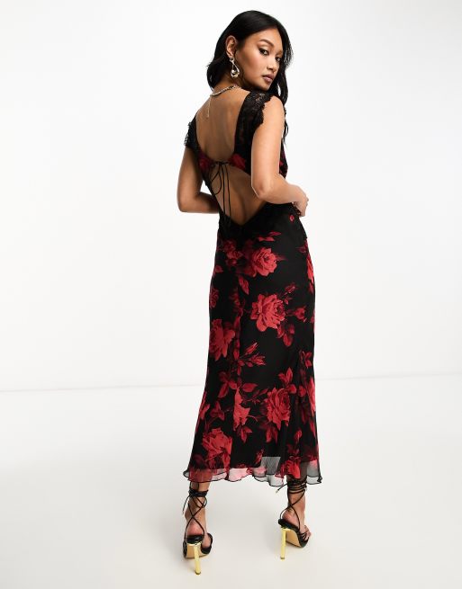 ASOS DESIGN lace trim midi dress with open back detail in black floral print