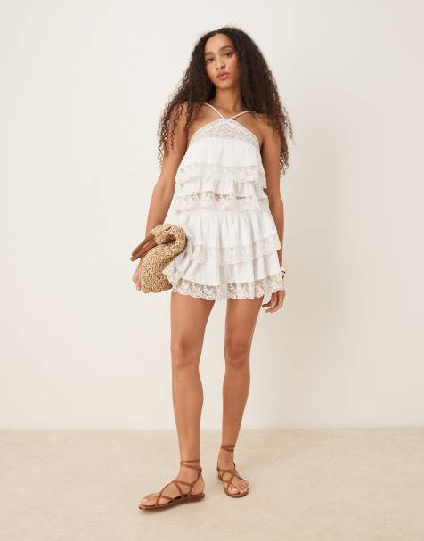ASOS DESIGN lace trim mini rara skirt in white and neutral (part of a set) - view 1