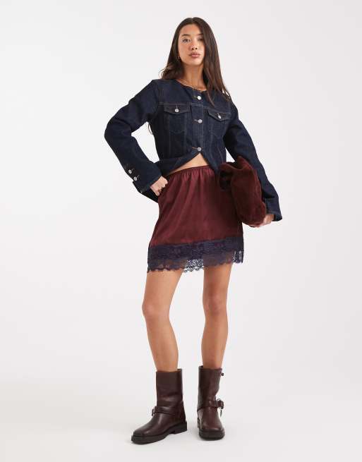 ASOS DESIGN lace trim mini skirt in burgundy and blue, 4 of 5