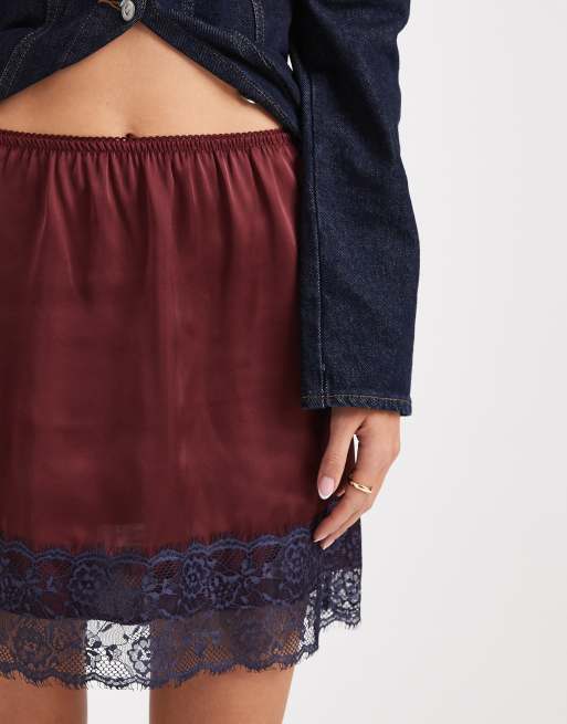 ASOS DESIGN lace trim mini skirt in burgundy and blue, 5 of 5