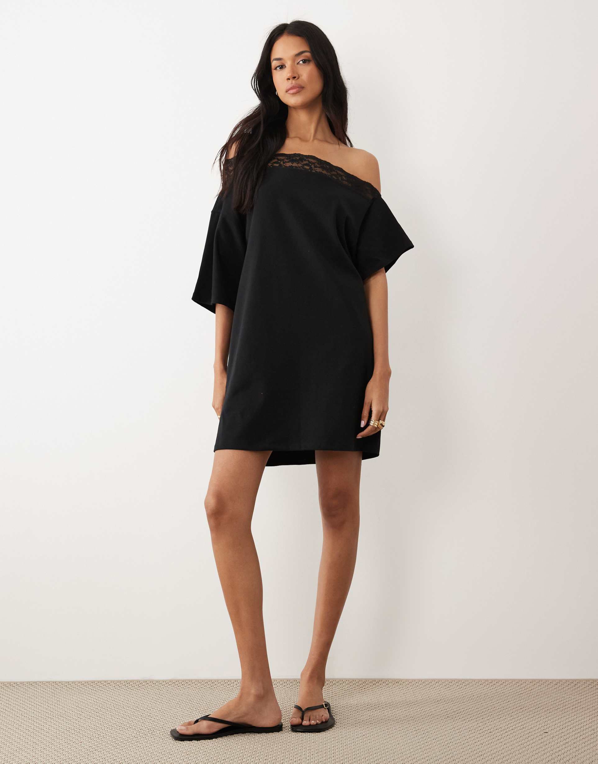 asos design lace trim off shoulder mini dress in black