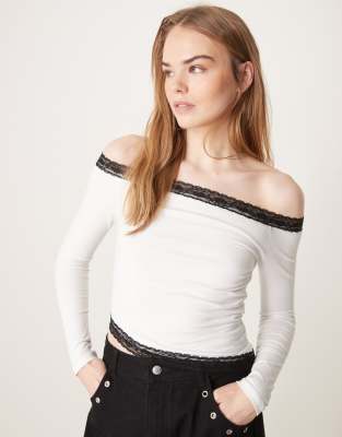 Asos Design Lace Trim Off The Shoulder Asymmetric Top In White