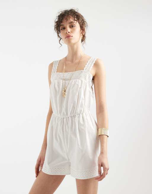 ASOS DESIGN lace trim playsuit with scarf waist in white, 2 of 4