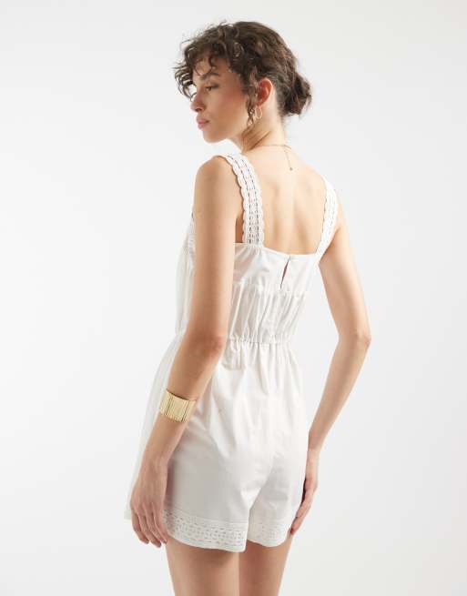 ASOS DESIGN lace trim playsuit with scarf waist in white, 4 of 4