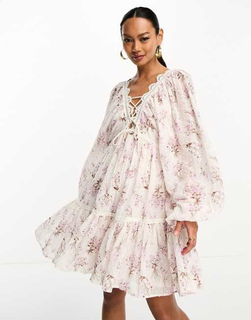 Asos Design Lace Trim Plunge Batwing Mini Dress With Pep Hem In Lilac Floral Dobby Asos 